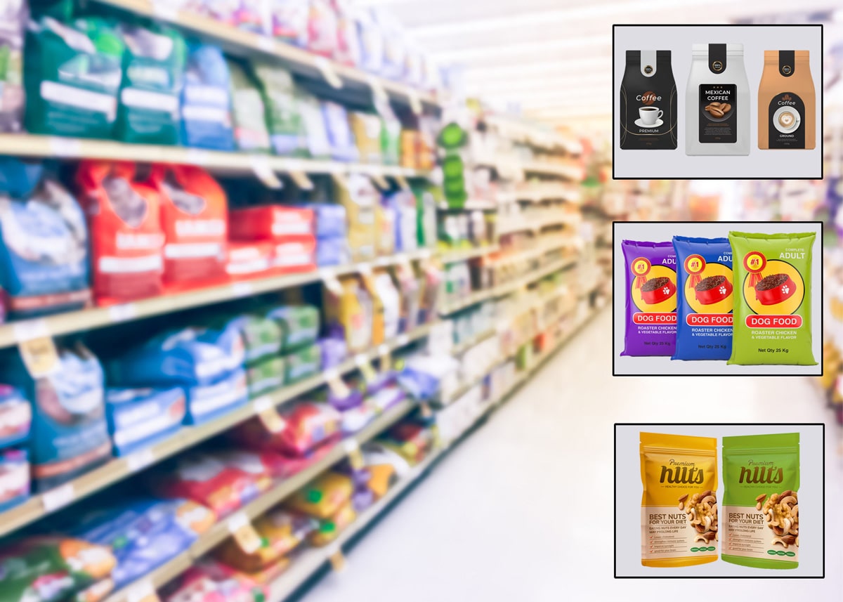 Store aisle with three different soft matte film packaging examples